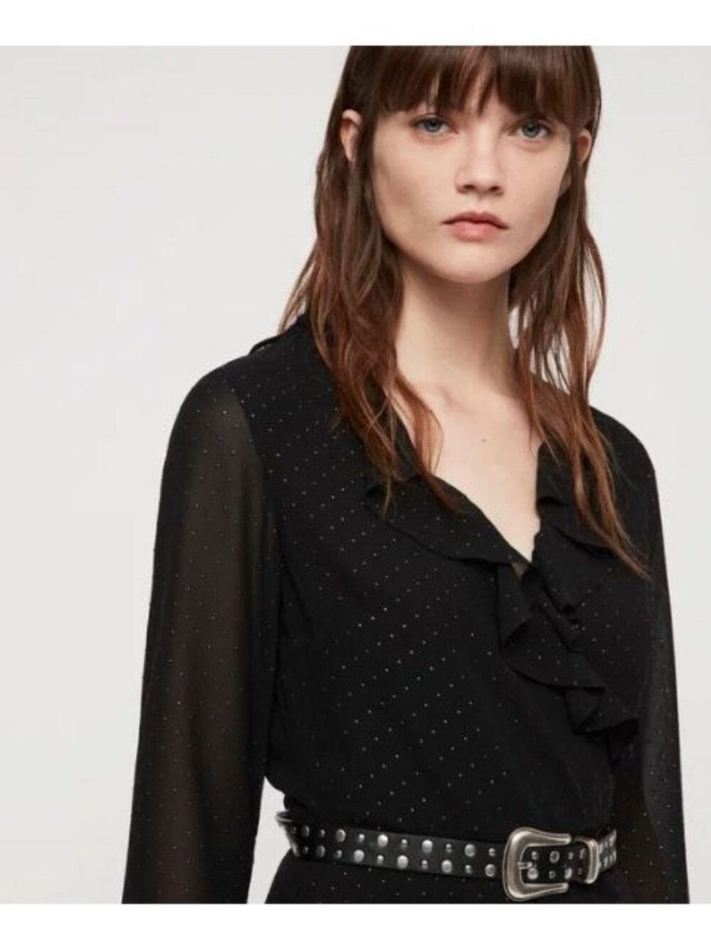 AllSaints Kiyah Shimmer Studded Ruffle Black Mini Wrap Dress Size M [jb] - Picture 3 of 8